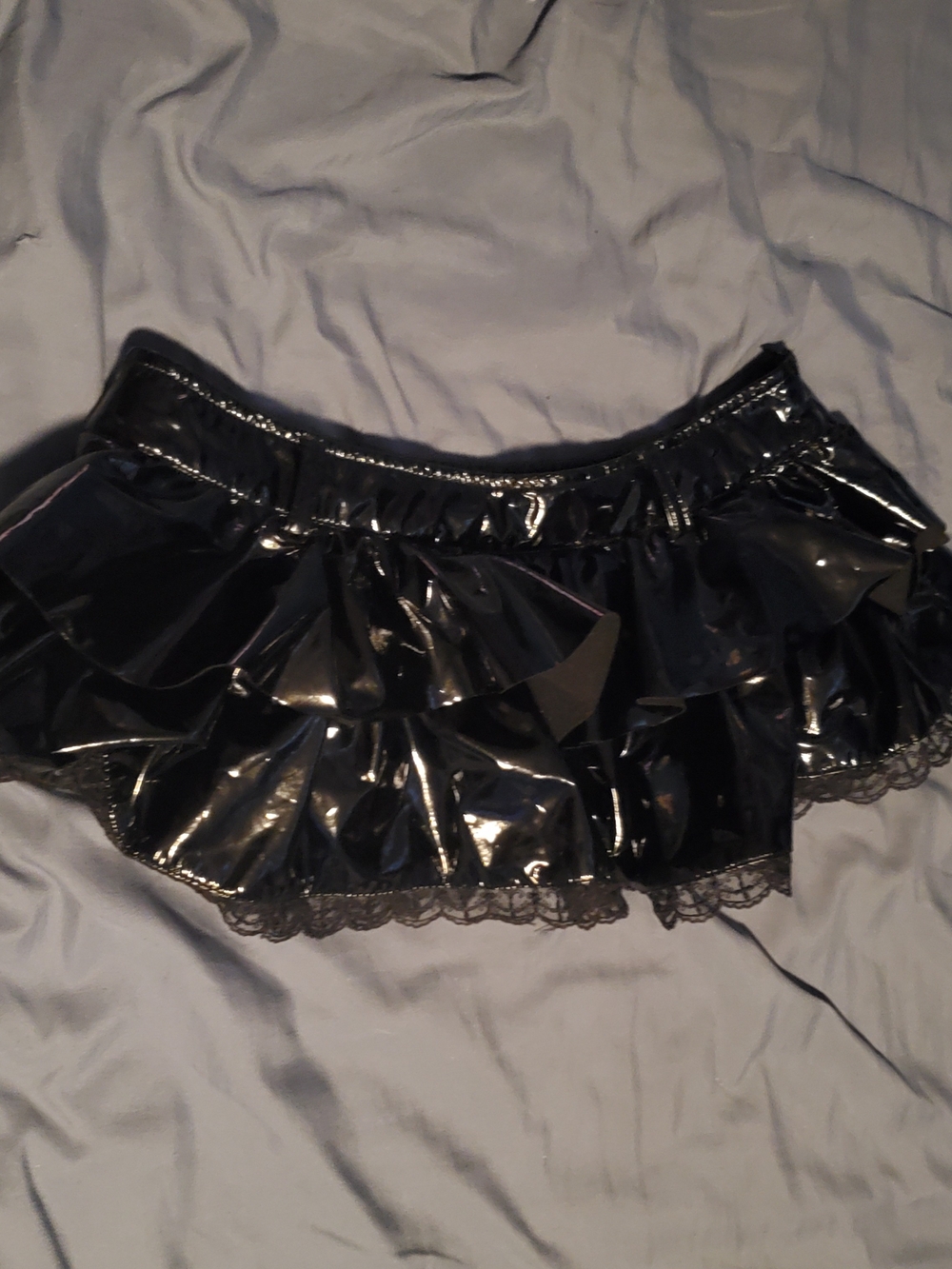 Black Patent Ruffle Mini Skirt with Lace Trim